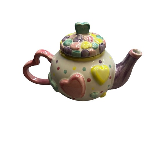 Vintage Bella Casa Teapot By Ganz With Pastel Hearts - Picture 3 of 9